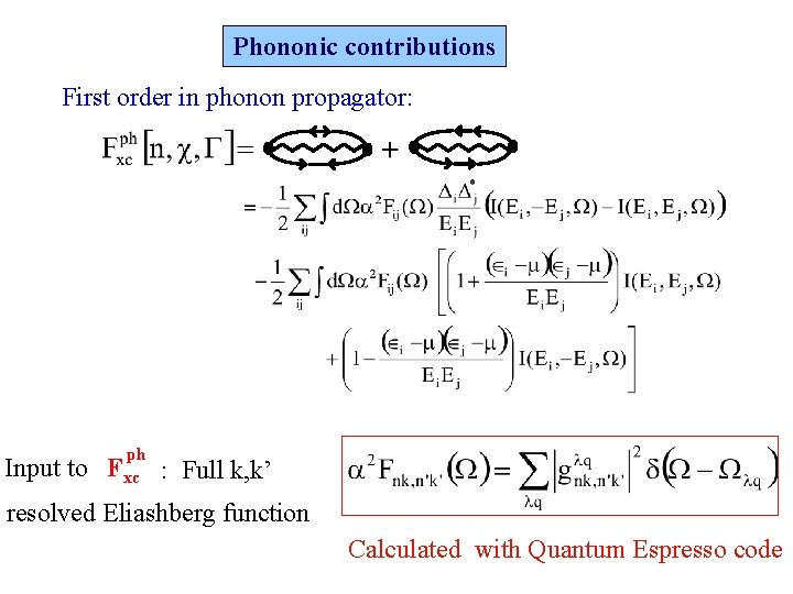 Phononic contributions First order in phonon propagator: Input to ph Fxc : Full k,