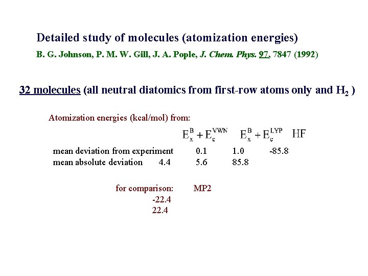 Detailed study of molecules (atomization energies) B. G. Johnson, P. M. W. Gill, J.