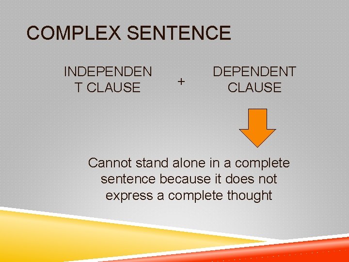 COMPLEX SENTENCE INDEPENDEN T CLAUSE + DEPENDENT CLAUSE Cannot stand alone in a complete