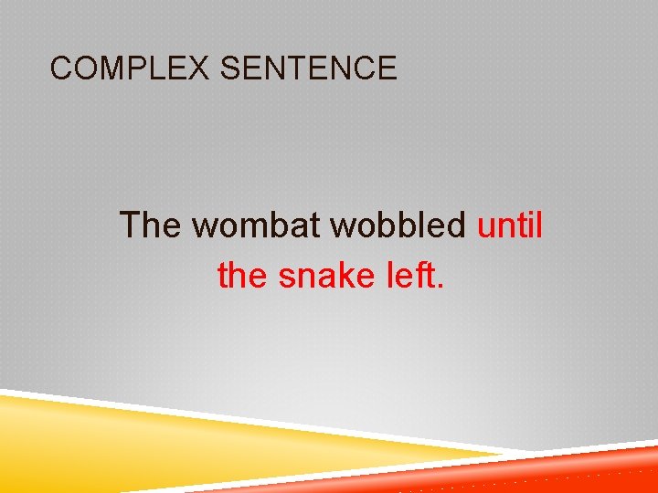 COMPLEX SENTENCE The wombat wobbled until the snake left. 