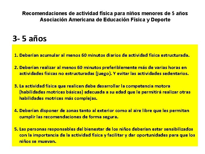 Recomendaciones de actividad física para niños menores de 5 años Asociación Americana de Educación