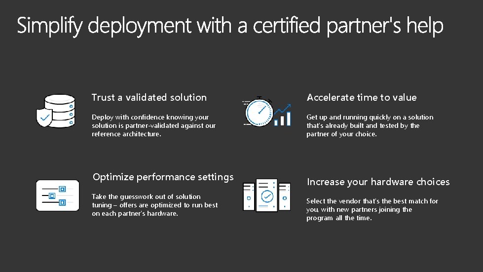 Trust a validated solution Accelerate time to value Deploy with confidence knowing your solution