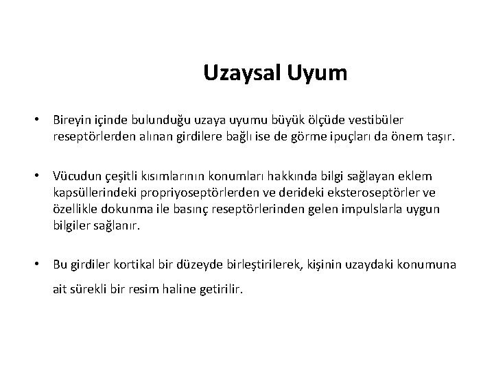 Uzaysal Uyum • Bireyin içinde bulunduğu uzaya uyumu büyük ölçüde vestibüler reseptörlerden alınan girdilere