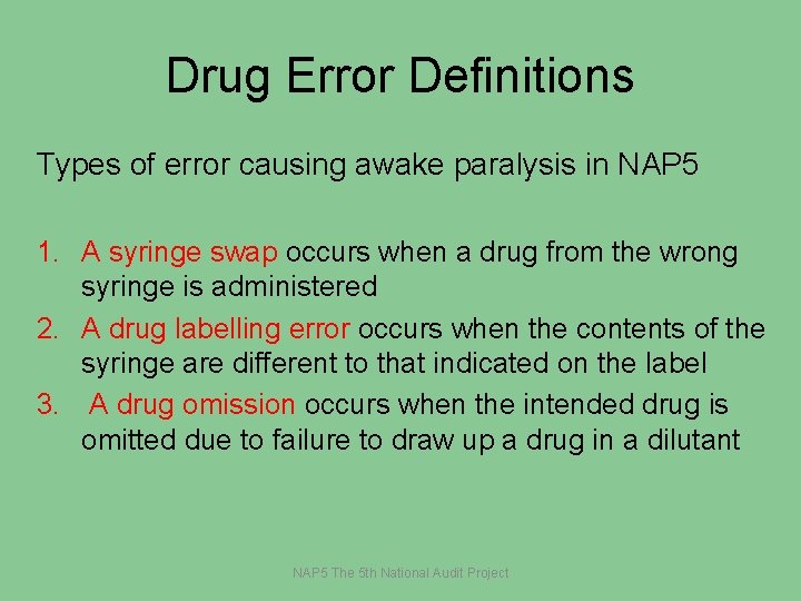 Drug Error Definitions Types of error causing awake paralysis in NAP 5 1. A