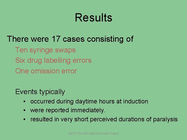 Results There were 17 cases consisting of Ten syringe swaps Six drug labelling errors