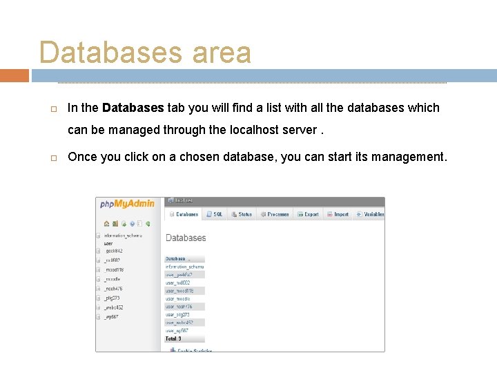 Databases area In the Databases tab you will find a list with all the