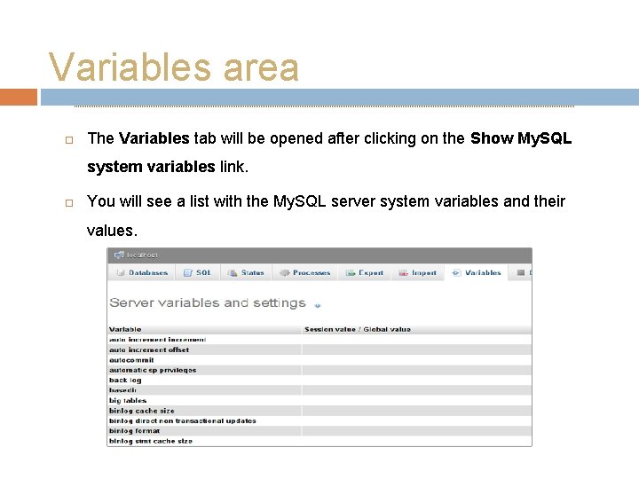 Variables area The Variables tab will be opened after clicking on the Show My.