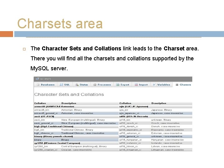 Charsets area The Character Sets and Collations link leads to the Charset area. There