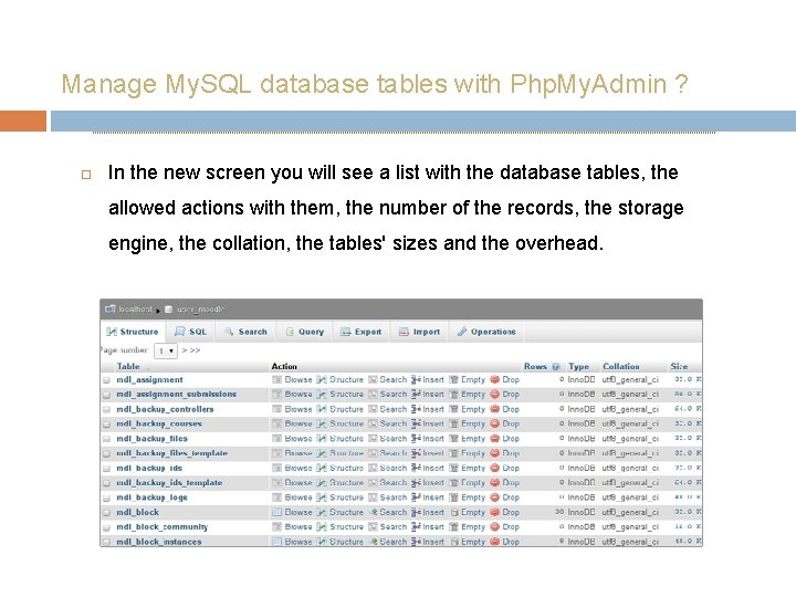 Manage My. SQL database tables with Php. My. Admin ? In the new screen