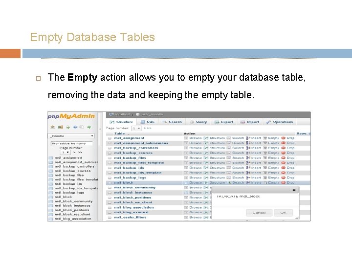 Empty Database Tables The Empty action allows you to empty your database table, removing