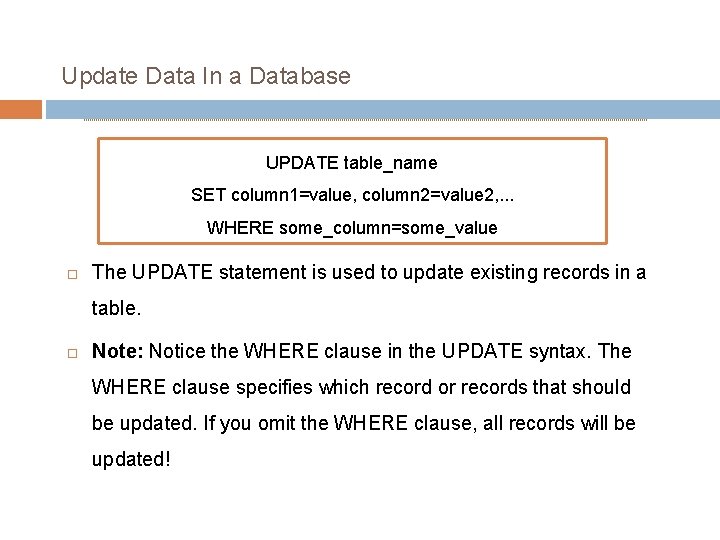 Update Data In a Database UPDATE table_name SET column 1=value, column 2=value 2, .