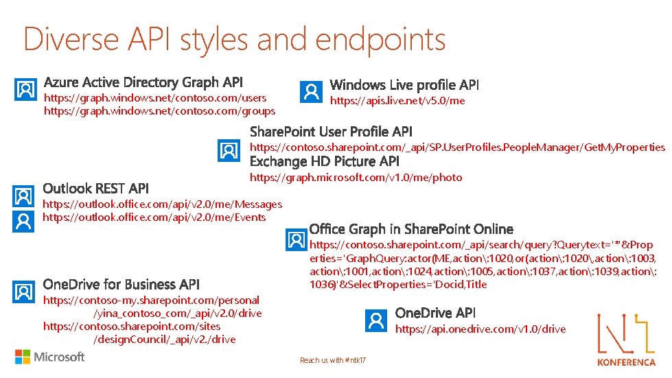 Diverse API styles and endpoints https: //graph. windows. net/contoso. com/users https: //graph. windows. net/contoso.