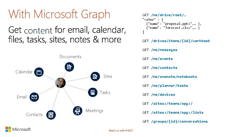 With Microsoft Graph content GET /me/drive/root/… "value" : [ {"name": "proposal. pptx", … },