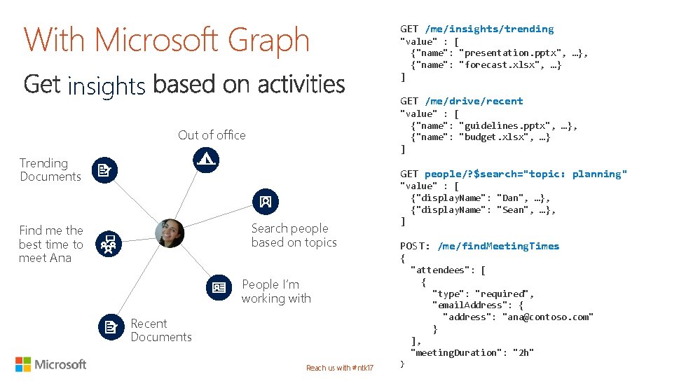 With Microsoft Graph insights GET /me/insights/trending "value" : [ {"name": "presentation. pptx", …}, {"name":
