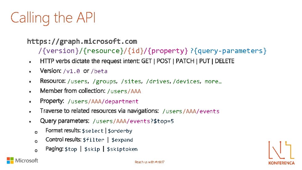 Calling the API /{version}/{resource}/{id}/{property} ? {query-parameters} /v 1. 0 /beta /users /groups /sites /drives