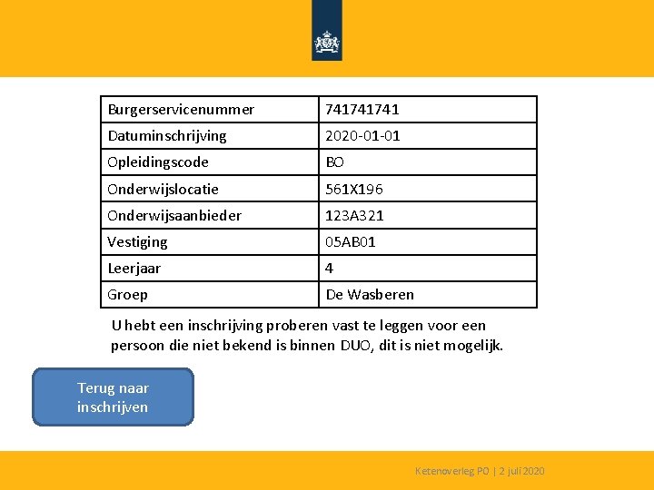 Burgerservicenummer 741741741 Datuminschrijving 2020 -01 -01 Opleidingscode BO Onderwijslocatie 561 X 196 Onderwijsaanbieder 123