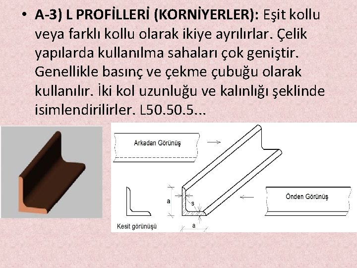  • A-3) L PROFİLLERİ (KORNİYERLER): Eşit kollu veya farklı kollu olarak ikiye ayrılırlar.