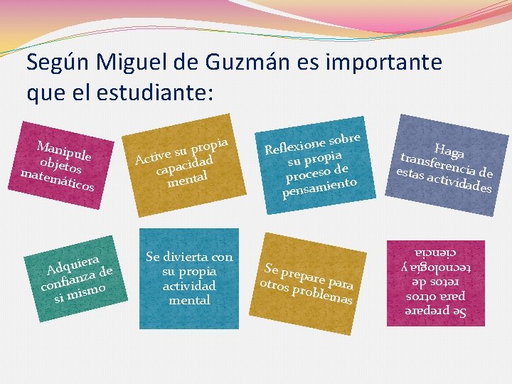 Según Miguel de Guzmán es importante que el estudiante: iera u q d A