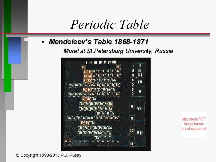 Periodic Table • Mendeleev’s Table 1868 -1871 Mural at St. Petersburg University, Russia ©