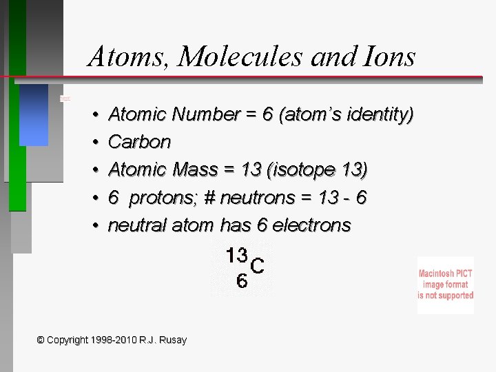 Atoms, Molecules and Ions • • • Atomic Number = 6 (atom’s identity) Carbon