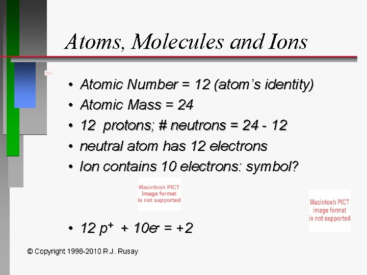 Atoms, Molecules and Ions • • • Atomic Number = 12 (atom’s identity) Atomic