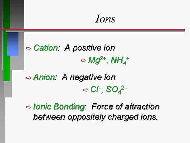 Ions ð Cation: ð Anion: ð Ionic A positive ion ð Mg 2+, NH