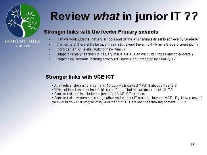 Review what in junior IT ? ? Stronger links with the feeder Primary schools