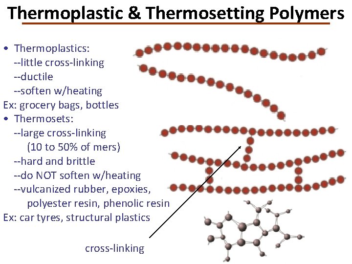 Thermoplastic & Thermosetting Polymers • Thermoplastics: --little cross-linking --ductile --soften w/heating Ex: grocery bags,