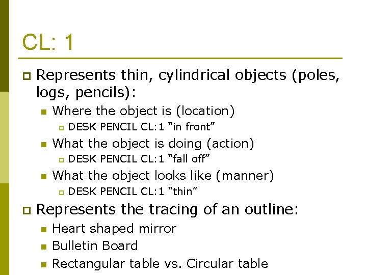 CL: 1 p Represents thin, cylindrical objects (poles, logs, pencils): n Where the object