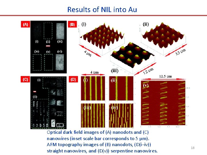 Results of NIL into Au Optical dark field images of (A) nanodots and (C) Results of NIL into Au Optical dark field images of (A) nanodots and (C)