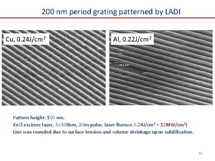 200 nm period grating patterned by LADI Cu, 0. 24 J/cm 2 Al, 0. 200 nm period grating patterned by LADI Cu, 0. 24 J/cm 2 Al, 0.