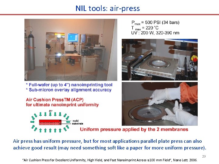 NIL tools: air-press Air press has uniform pressure, but for most applications parallel plate NIL tools: air-press Air press has uniform pressure, but for most applications parallel plate