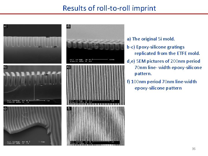 Results of roll-to-roll imprint a) The original Si mold. b-c) Epoxy-silicone gratings replicated from Results of roll-to-roll imprint a) The original Si mold. b-c) Epoxy-silicone gratings replicated from