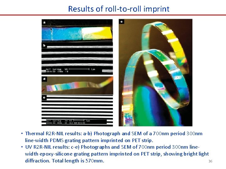 Results of roll-to-roll imprint • Thermal R 2 R-NIL results: a-b) Photograph and SEM Results of roll-to-roll imprint • Thermal R 2 R-NIL results: a-b) Photograph and SEM