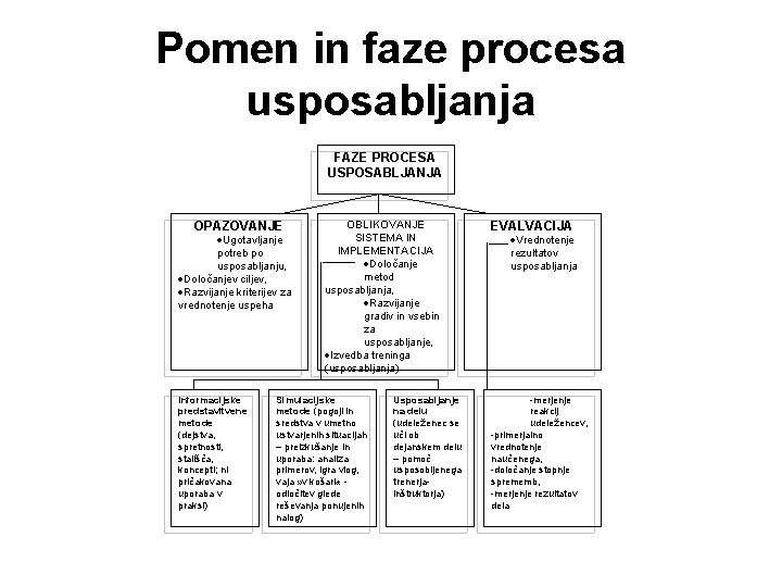Pomen in faze procesa usposabljanja FAZE PROCESA USPOSABLJANJA OPAZOVANJE ·Ugotavljanje potreb po usposabljanju, ·Določanjev