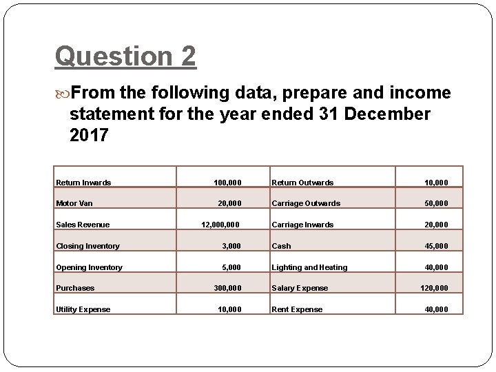 Question 2 From the following data, prepare and income statement for the year ended Question 2 From the following data, prepare and income statement for the year ended