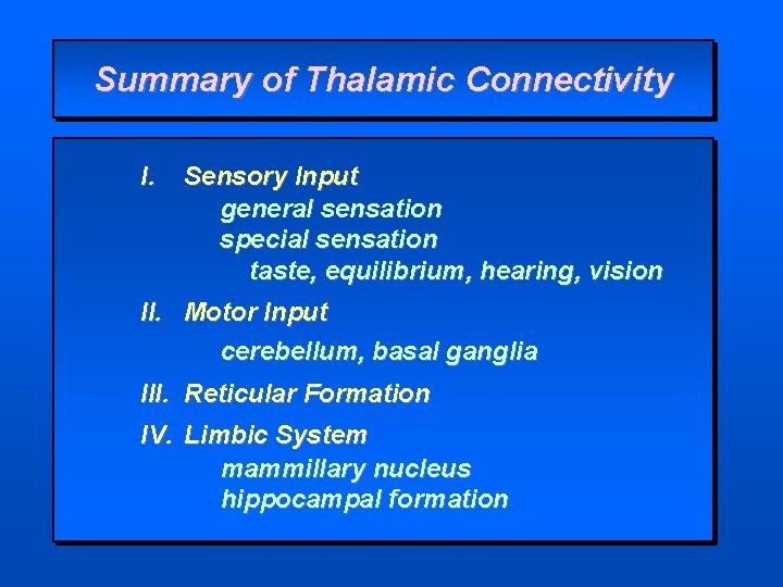 Summary of Thalamic Connectivity I. Sensory Input general sensation special sensation taste, equilibrium, hearing,