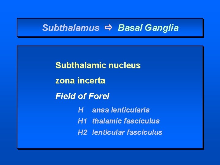 Subthalamus Basal Ganglia Subthalamic nucleus zona incerta Field of Forel H H 1 ansa