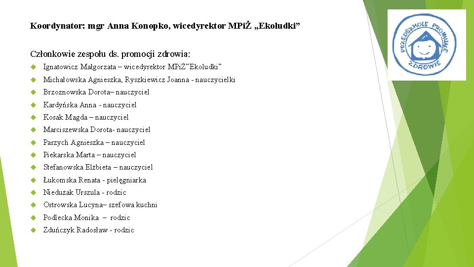 Koordynator: mgr Anna Konopko, wicedyrektor MPiŻ „Ekoludki” Członkowie zespołu ds. promocji zdrowia: Ignatowicz Małgorzata