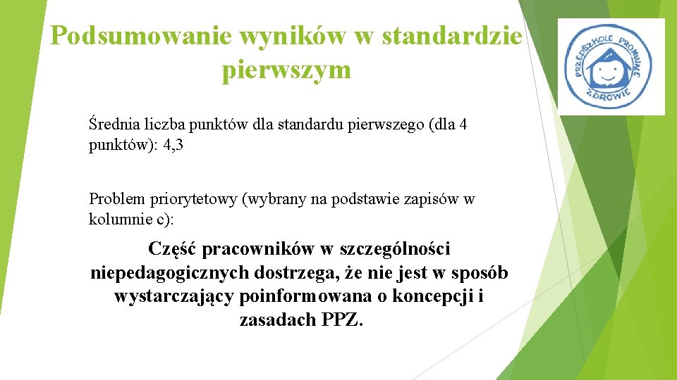 Podsumowanie wyników w standardzie pierwszym Średnia liczba punktów dla standardu pierwszego (dla 4 punktów):