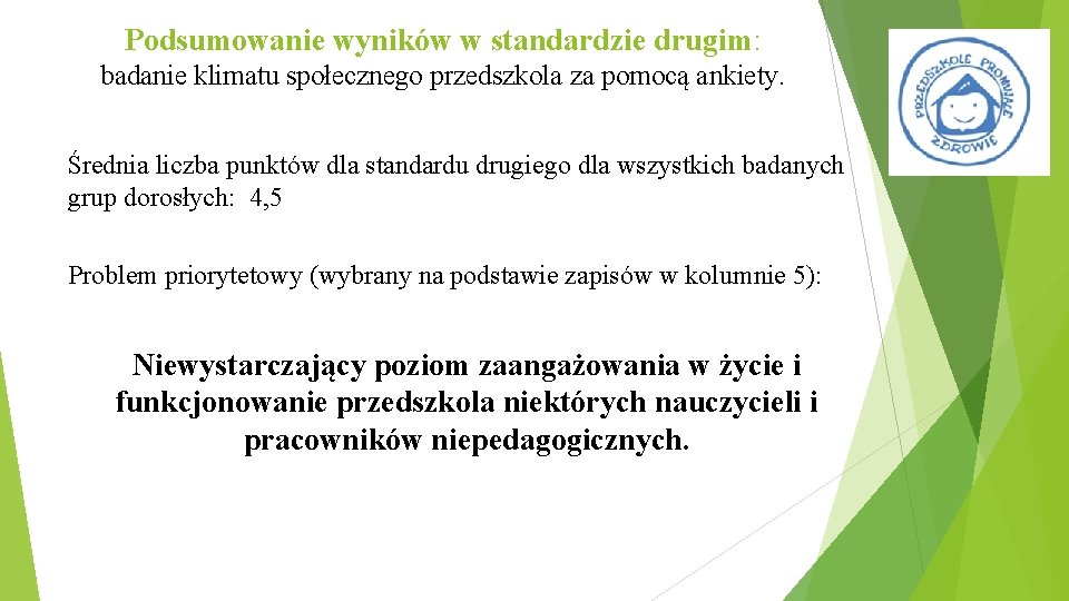 Podsumowanie wyników w standardzie drugim: badanie klimatu społecznego przedszkola za pomocą ankiety. Średnia liczba