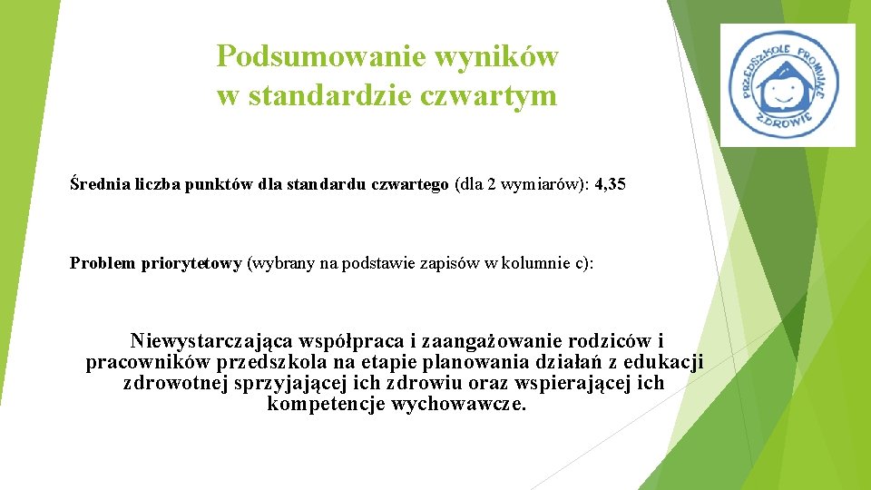 Podsumowanie wyników w standardzie czwartym Średnia liczba punktów dla standardu czwartego (dla 2 wymiarów):