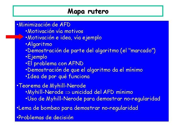 Mapa rutero • Minimización de AFD • Motivación vía motivos • Motivación e idea,