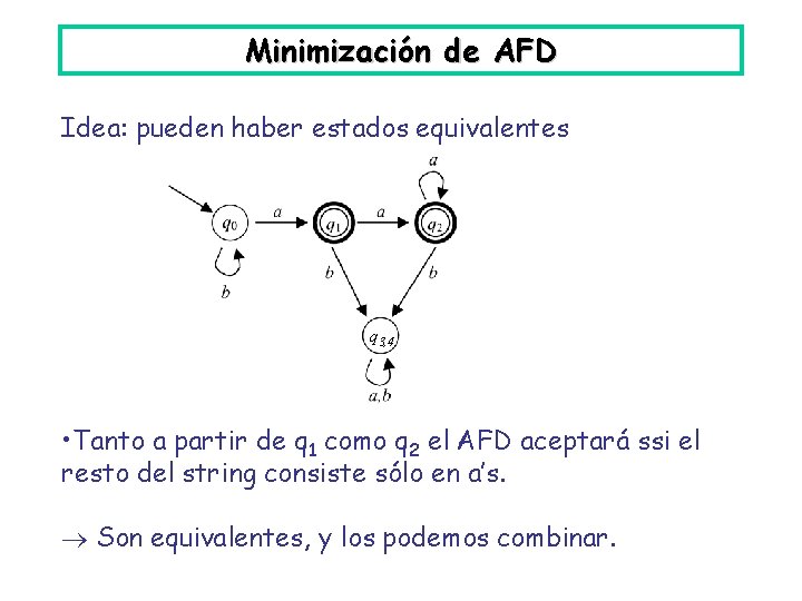 Minimización de AFD Idea: pueden haber estados equivalentes q 3, 4 • Tanto a