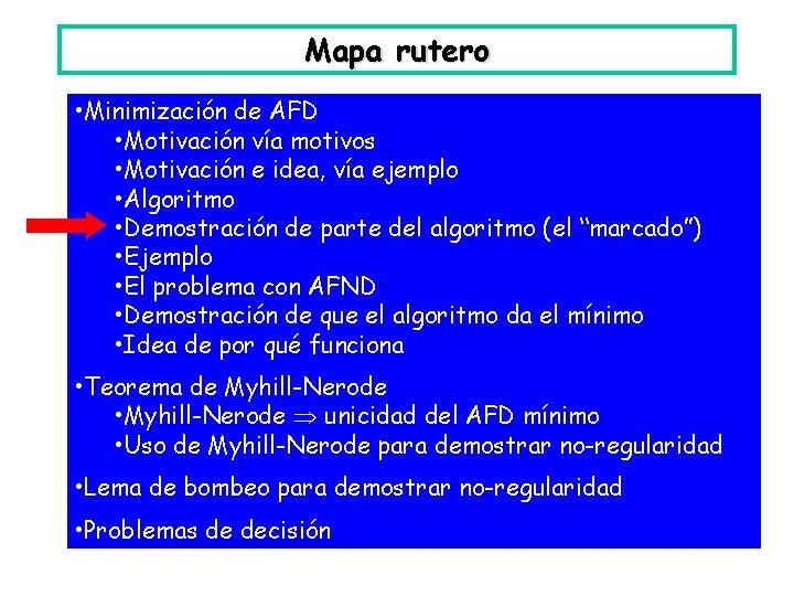 Mapa rutero • Minimización de AFD • Motivación vía motivos • Motivación e idea,