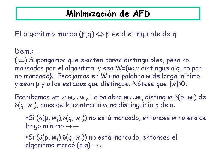 Minimización de AFD El algoritmo marca (p, q) p es distinguible de q Dem. Minimización de AFD El algoritmo marca (p, q) p es distinguible de q Dem.