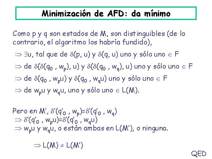 Minimización de AFD: da mínimo Como p y q son estados de M, son