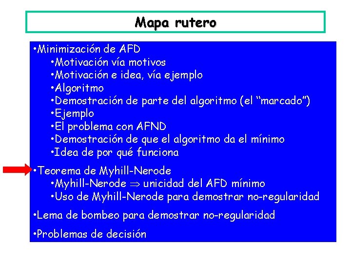 Mapa rutero • Minimización de AFD • Motivación vía motivos • Motivación e idea,