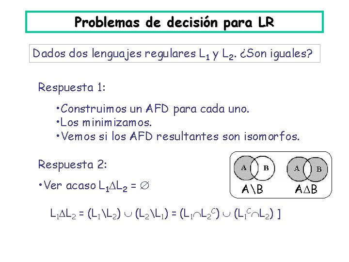 Problemas de decisión para LR Dados lenguajes regulares L 1 y L 2. ¿Son