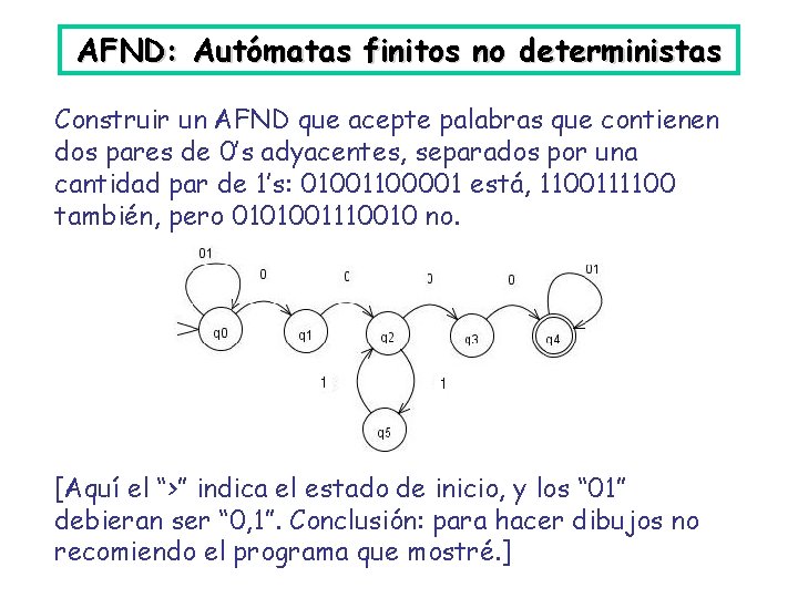 AFND: Autómatas finitos no deterministas Construir un AFND que acepte palabras que contienen dos